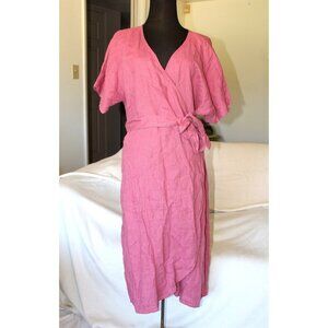 LinenFox Wrap Pink Midi Dress Size L/XL 100% Linen Short Sleeve Lagenlook Belt